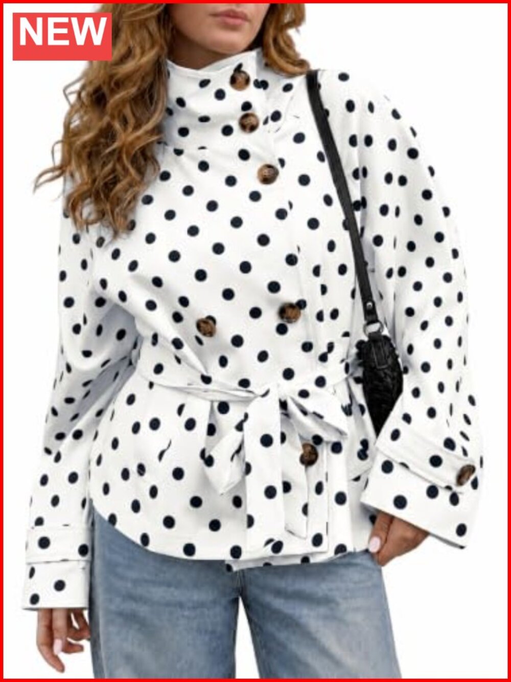 Women's Polka Dot Cropped Trench Coat Lightweight Belted Casual Jacket